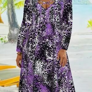 Women's Purple and Black Patterned Long Sleeved Dress